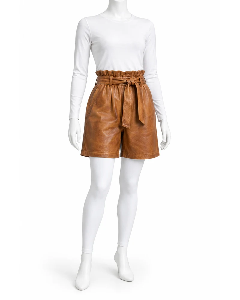 Tan Women Paperbag-Waist Leather Shorts