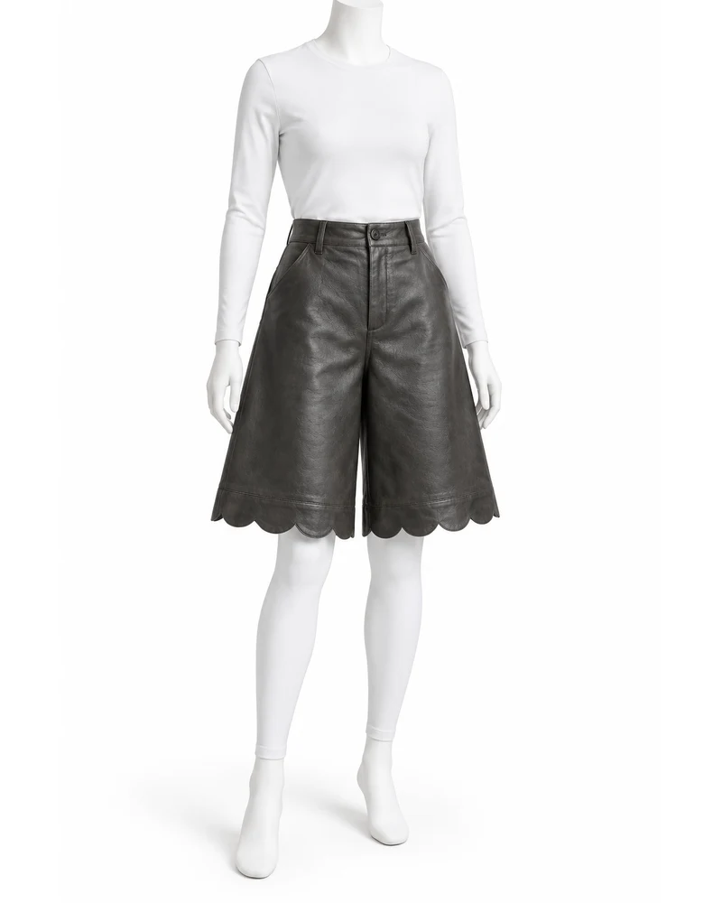 Charcoal Women A-Line Scalloped-Hem Leather Shorts