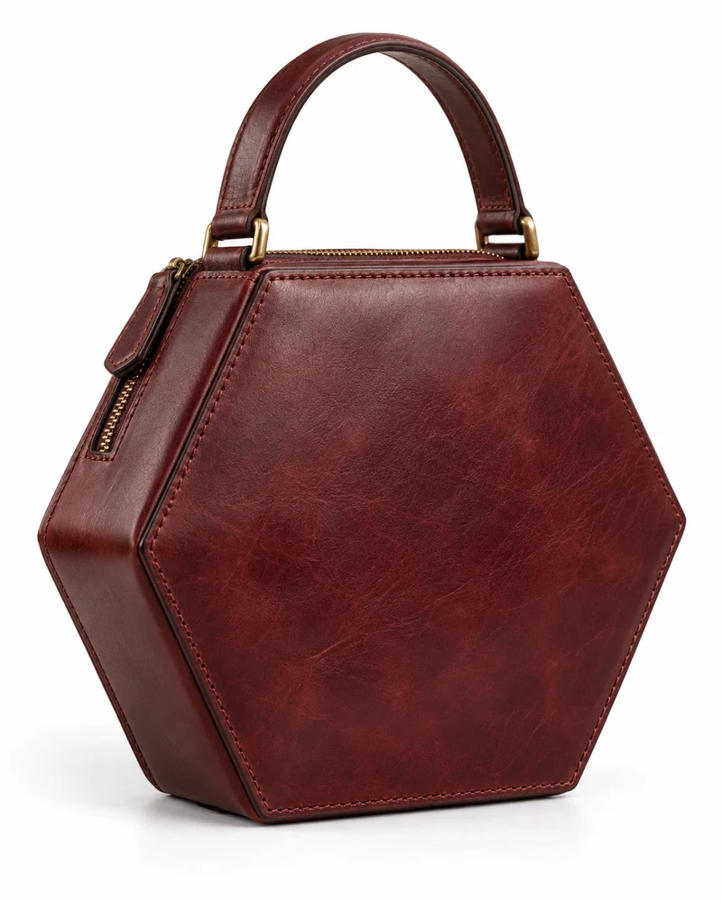 Hexagon Top Handle Vegetable-Tanned Leather Bag