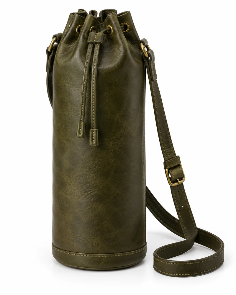 Cylinder Drawstring Vegetable-Tanned Leather Bag