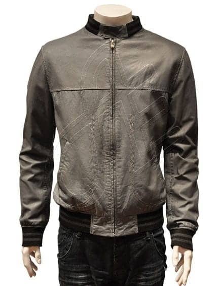 Grey Stand-Collar Men Leather Jacket