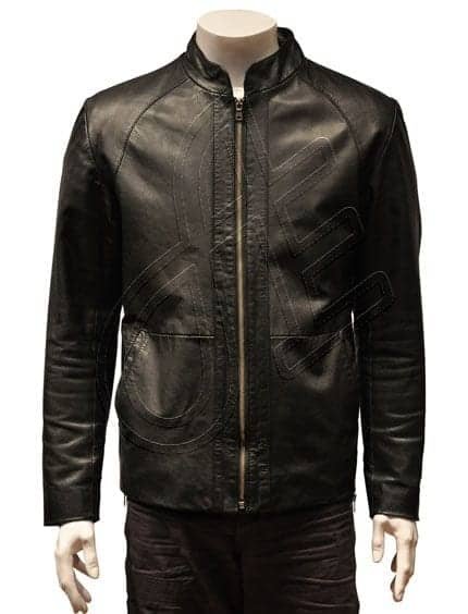 Black Point-Collar Zip-Front Men Leather Jacket