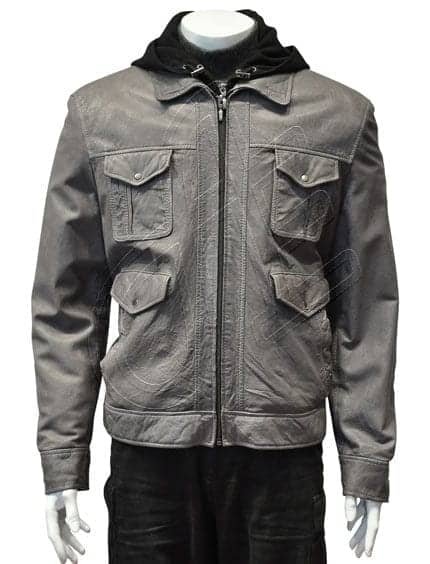Grey Point-Collar Four-Pocket Men Leather Jacket
