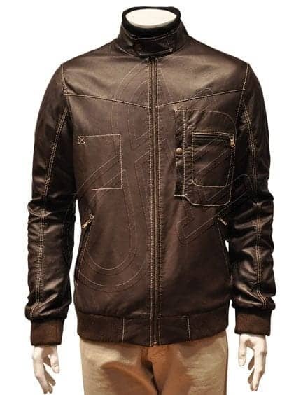 Brown Stand-Collar Chest-Pocket Men Leather Jacket