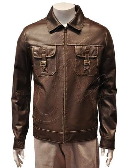 Brown Point-Collar Twin-Pocket Men Leather Jacket