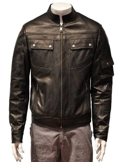 Black Twin-Zip-Chest-Pocket Men Leather Jacket