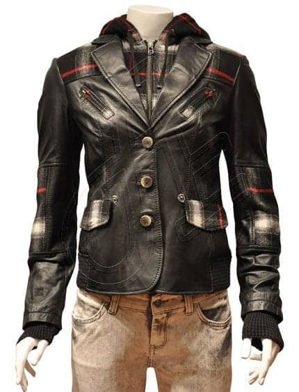 Black Contrast-Trim Biker Women Leather Jacket