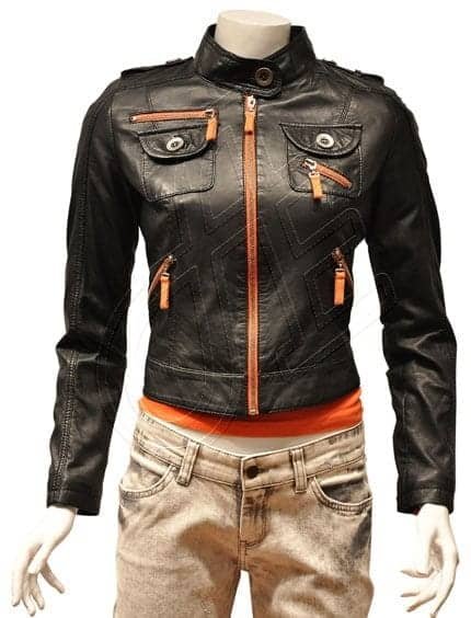 Black Contrast-Zip Women Leather Jacket