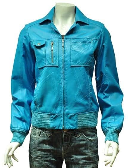 Turquoise Chest-Pocket Women Leather Jacket