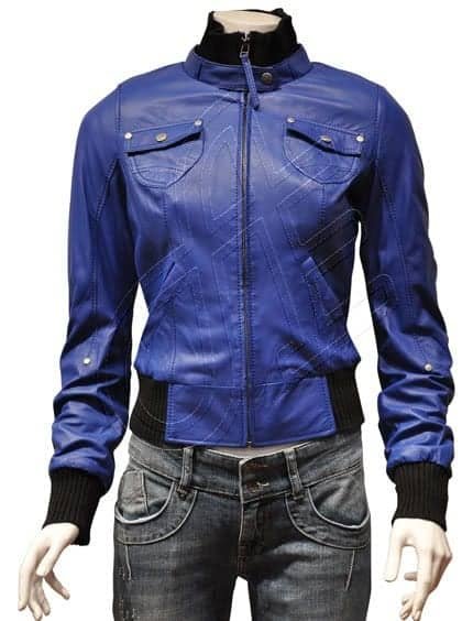 Blue Twin-Chest-Pocket Women Leather Jacket