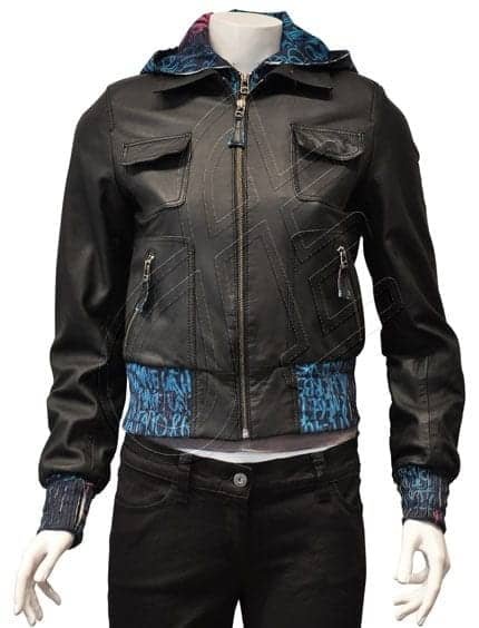 Black Blue-Trim Women Leather Jacket