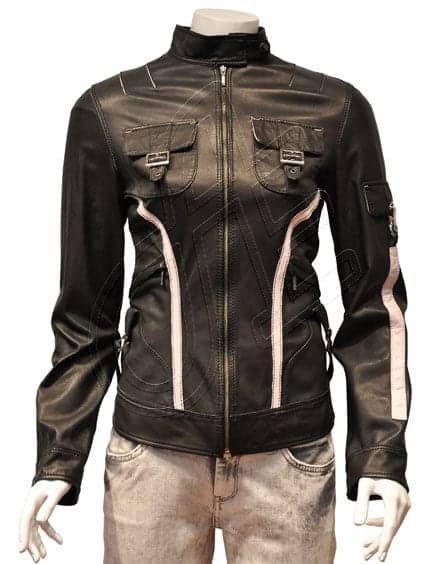 Black Contrast-Stripe Women Leather Jacket
