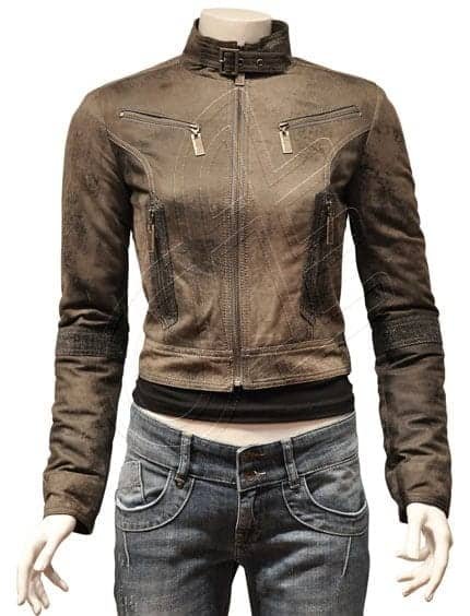 Brown Quilted-Shoulder Women Leather Jacket