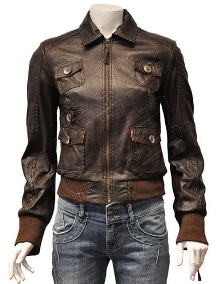 Brown Chest-and-Waist-Pocket Women Leather Jacket