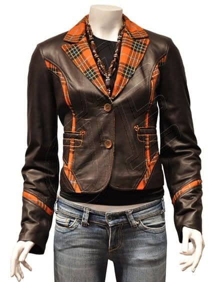 Black Contrast-Trim Women Leather Blazer