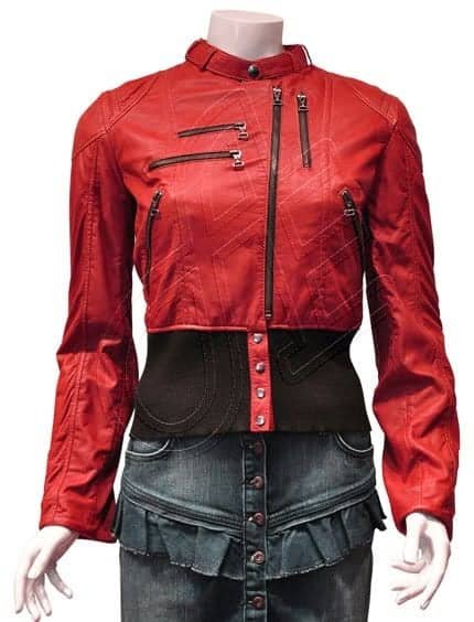 Red Wide-Waistband Women Leather Jacket