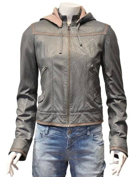 Grey Hooded Women Leather Jacket