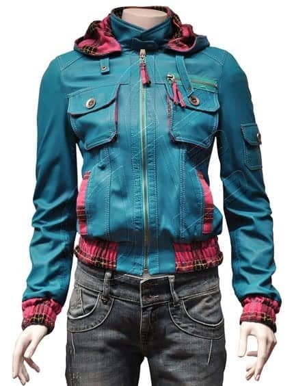 Turquoise Contrast-Trim Hooded Women Leather Jacket