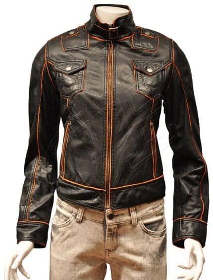 Black Contrast-Zip Twin-Pocket Women Leather Jacket