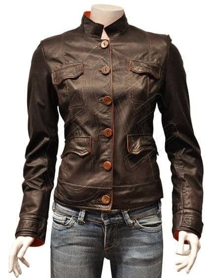 Brown Stand-Collar Women Leather Jacket
