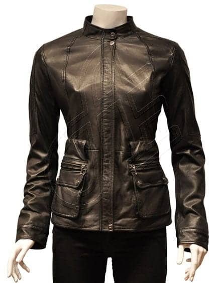Black Belted Stand-Collar Women Leather Jacket