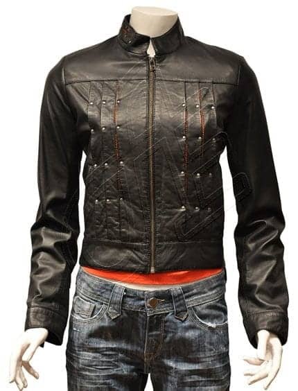 Black Red-Trim Women Leather Jacket