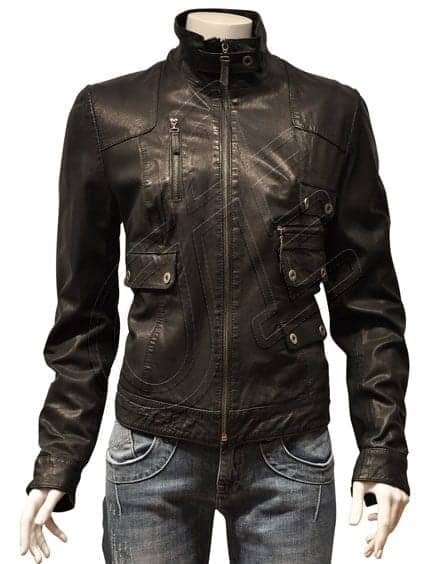 Black Angled-Pocket Women Leather Jacket