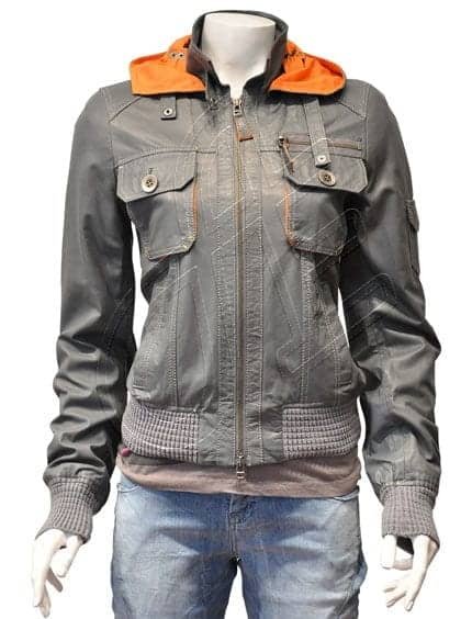 Grey Contrast-Hood Four-Pocket Women Leather Jacket