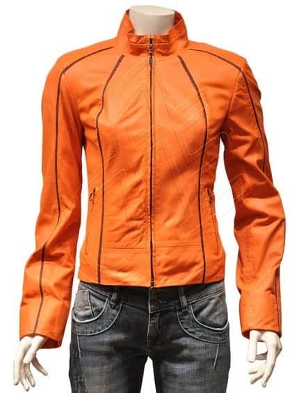 Orange Stand-Collar Women Leather Jacket