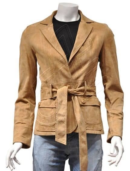 Tan Tie-Waist Women Leather Blazer