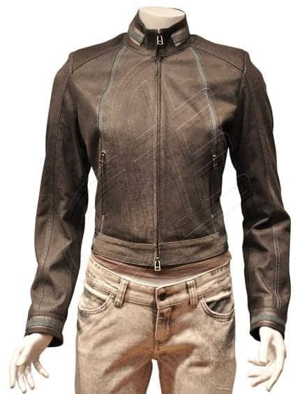 Brown Stand-Collar Women Leather Jacket