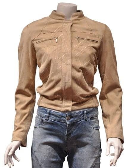 Tan Stand-Collar Women Leather Jacket